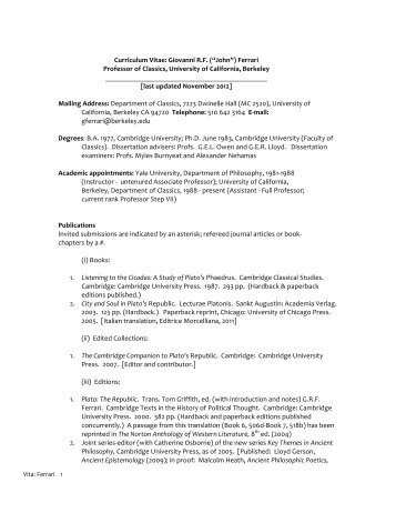 Curriculum Vitae: Giovanni RF - California, Berkeley University of ...