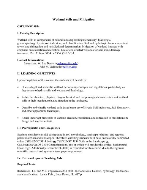 CSES/ENSC 4854 Wetland Soils and Mitigation