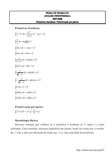 Primitivas Imediatas. Primitivação por partes.