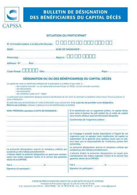 bulletin de désignation des bénéficiaires du capital décès - capssa