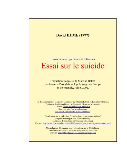 Essai sur le suicide - Les Classiques des sciences sociales - UQAC