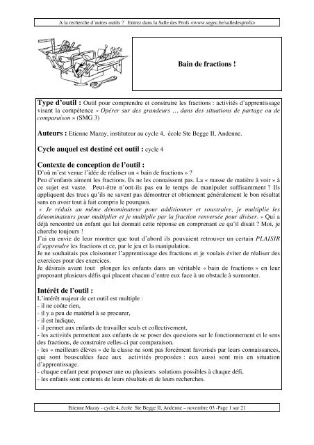 Bain de fractions ! Cycle auquel est destiné cet outil : cycle ... - SeGEC