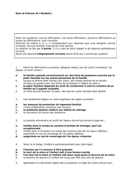 Faculté de droit – DROI-C-101 I. Questions à réponses multiples (20 ...