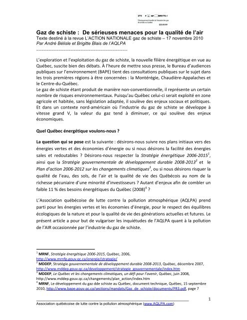 Gaz de schiste : De sérieuses menaces pour la qualité de l'air - BAPE