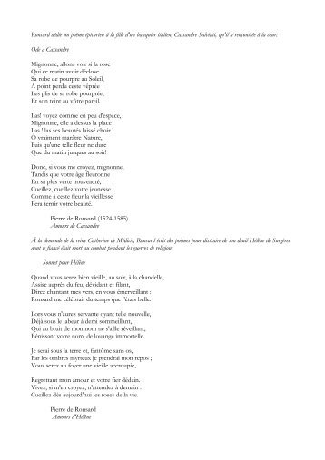 Ronsard dédie un poème épicurien à la fille d'un banquier italien ...