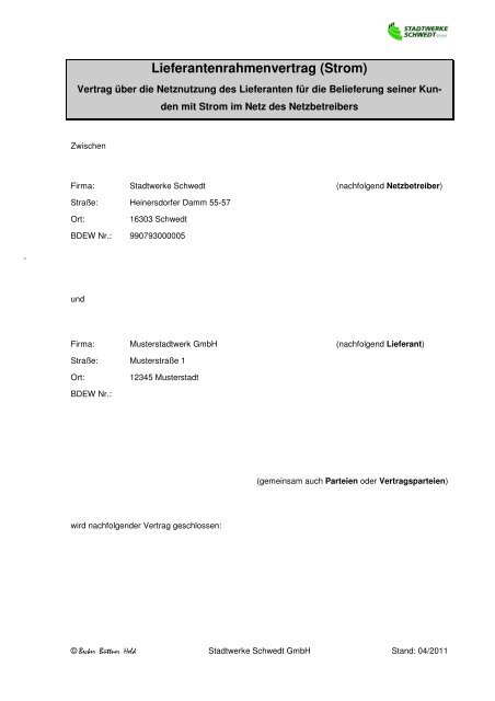 Lieferantenrahmenvertrag (Strom) - Stadtwerke Schwedt Gmbh