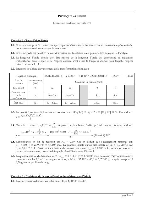 Correction du devoir surveillé n°1 Exercice 1 : Taux d'alcoolémie 1.1 ...