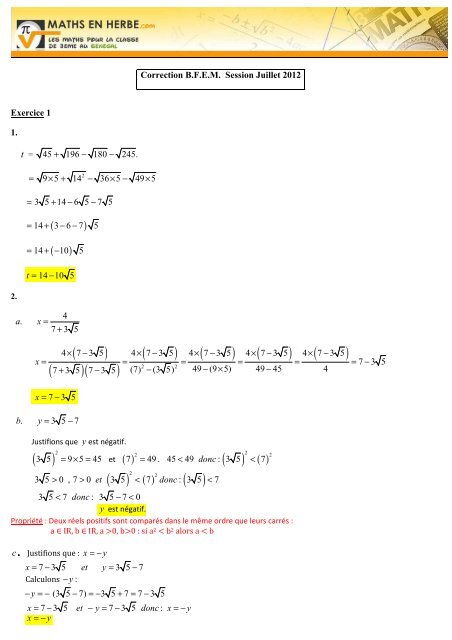 Correction B.F.E.M. 2012 - Maths en herbe