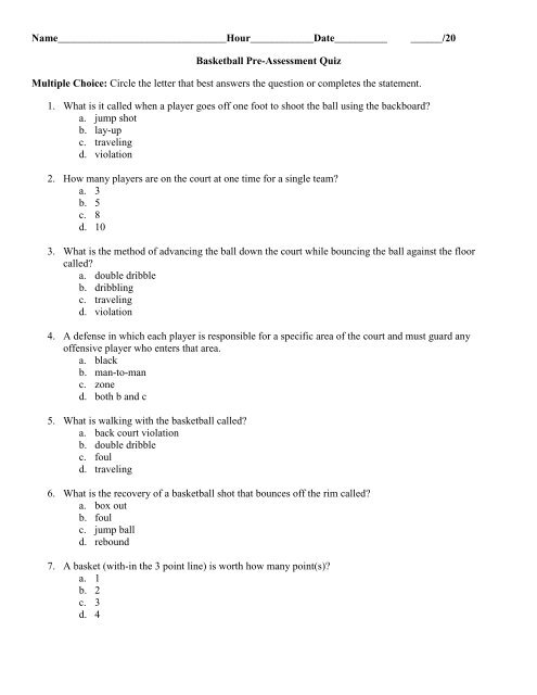 Basketball Pre-Assessment Quiz