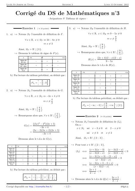 Corrigé du DS de Mathématiques n°3 - TIVOMATHS - Free