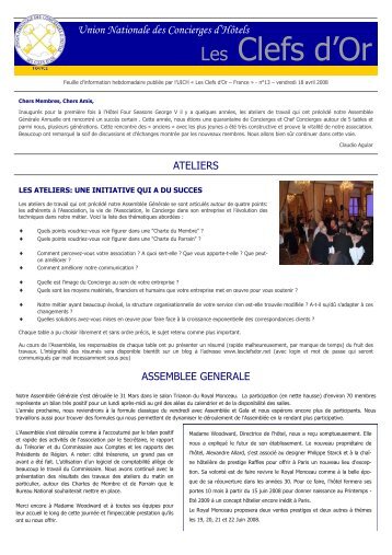 Newsletter N° 14 - 18 Avril 2008 - Les clefs d'or France