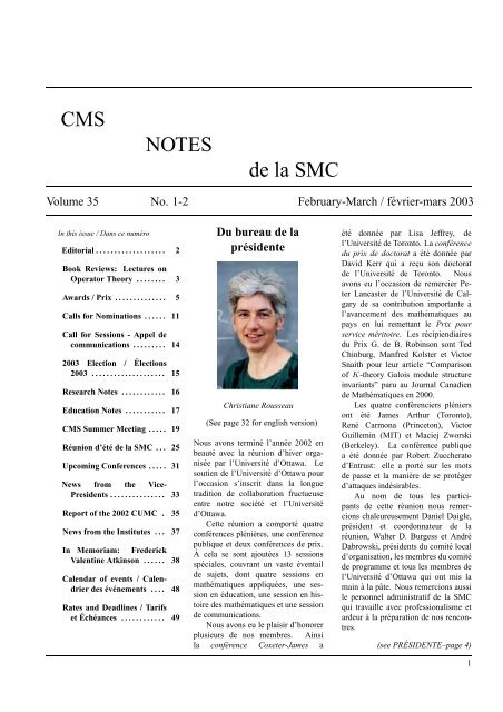 CMS NOTES de la SMC Canadian Mathematical Society