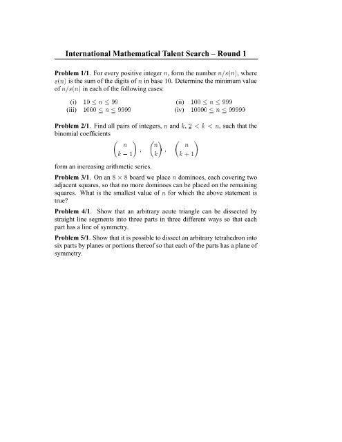 International Mathematical Talent Search Round 1