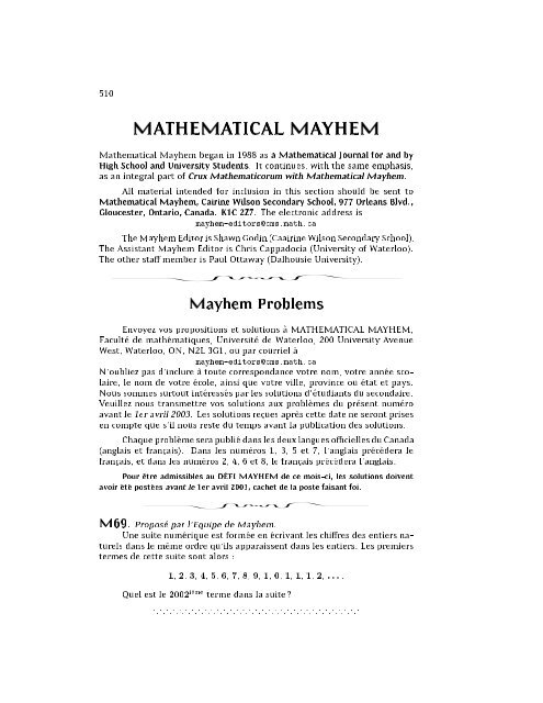 MATHEMATICAL MAYHEM - Canadian Mathematical Society