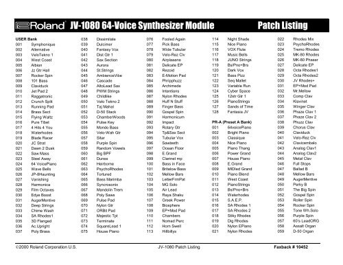 JV-1080 Patch Listing - Roland