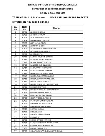 TG NAME: Prof. J. P. Chavan ROLL CALL NO: BCA01 TO BCA72 ...