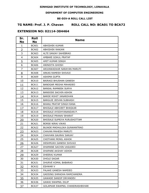 TG NAME: Prof. J. P. Chavan ROLL CALL NO: BCA01 TO BCA72 ...