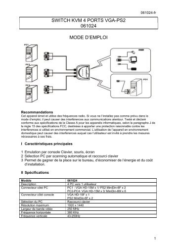 SWITCH KVM 4 PORTS VGA-PS2 061024 MODE D'EMPLOI - Abix