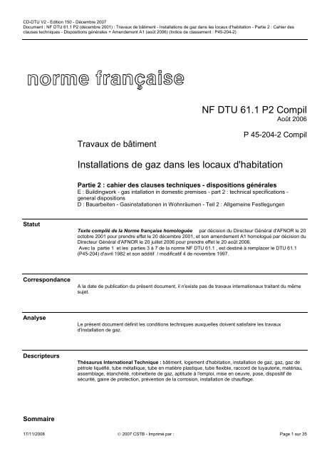 Nf Dtu 61.1 P2 Compil Installations De Gaz Dans Les Locaux D ...
