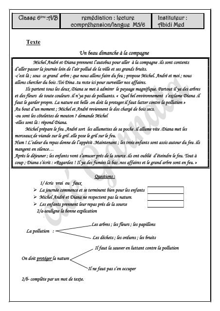 Texte Un beau dimanche à la compagne Classe 6ème :A/B ...