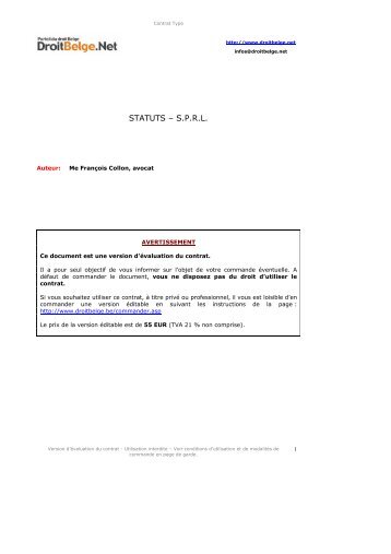 Statuts S.P.R.L. (55 € HTVA) - Portail du droit belge