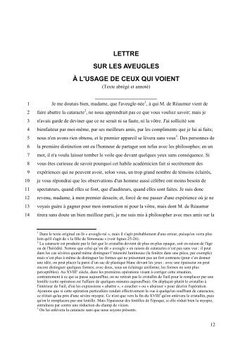 LETTRE SUR LES AVEUGLES À L'USAGE DE CEUX QUI VOIENT