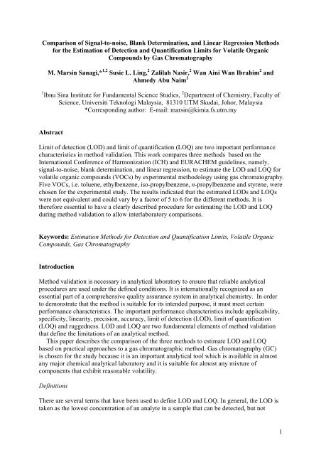 Comparison of Signal-to-noise, Blank Determination, and - Universiti ...