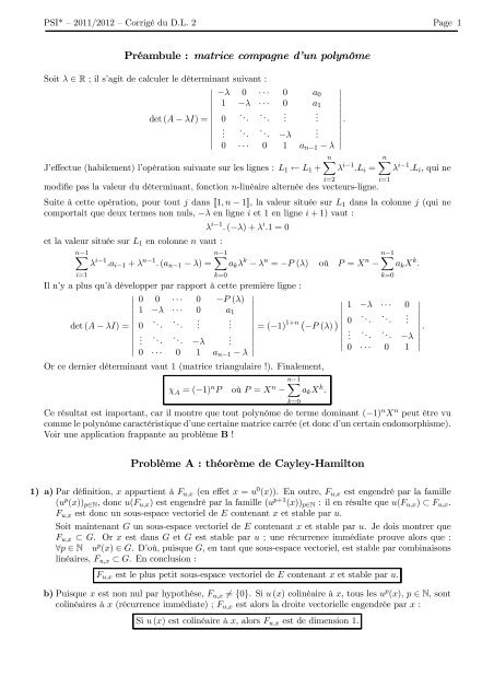 Préambule : matrice compagne d'un polynôme Problème A ...
