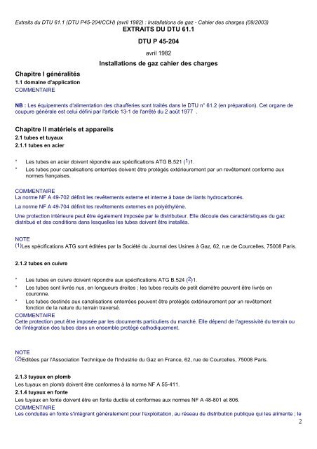 2 Extraits Du Dtu 61.1 Dtu P 45-204 Installations De Gaz Cahier ...