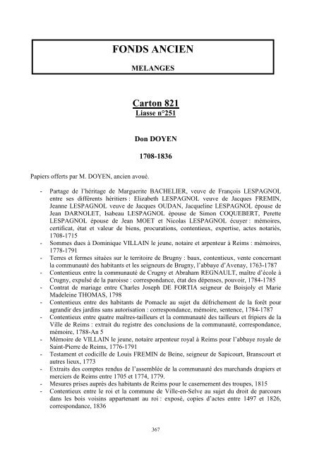 Fonds ancien – Analyses pièce à pièce - Ville de Reims