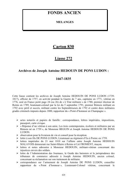 Fonds ancien – Analyses pièce à pièce - Ville de Reims