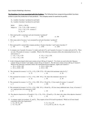 1 Quiz Analytic Modeling in Business The Questions 1 to 3 are ...