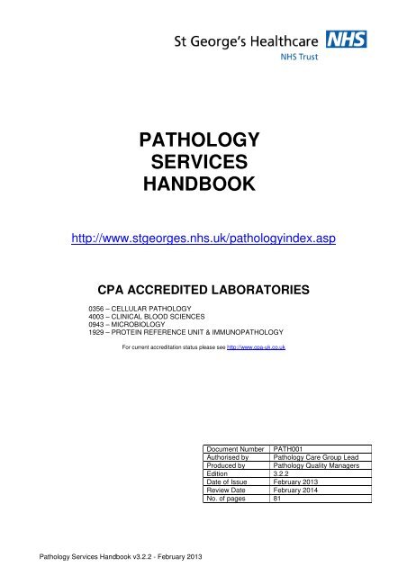 pathology services handbook - St George's Healthcare NHS Trust