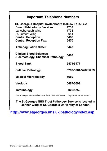 pathology services handbook - St George's Healthcare NHS Trust