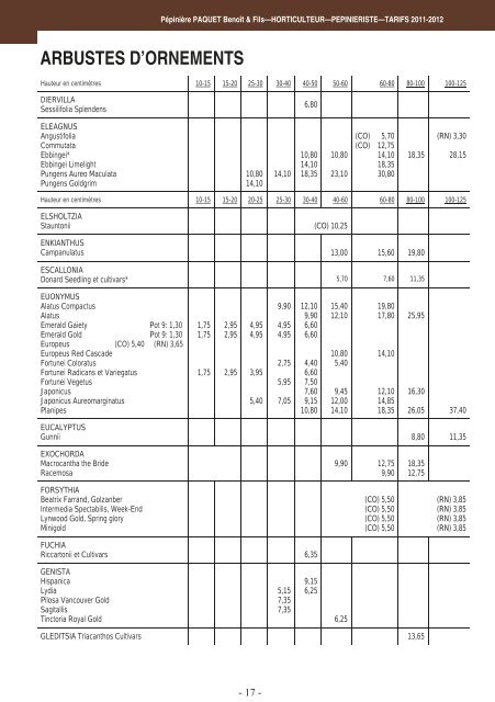 tarifs 2011-2012 - Bienvenue sur le site de la Pépinière Paquet & Fils