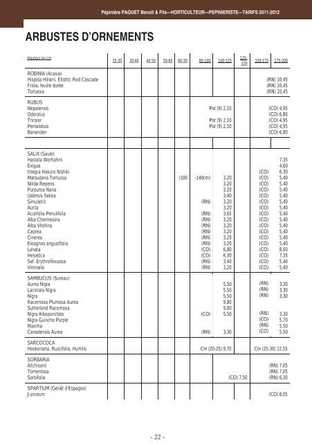 tarifs 2011-2012 - Bienvenue sur le site de la Pépinière Paquet & Fils