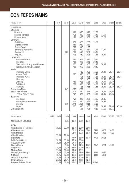 tarifs 2011-2012 - Bienvenue sur le site de la Pépinière Paquet & Fils