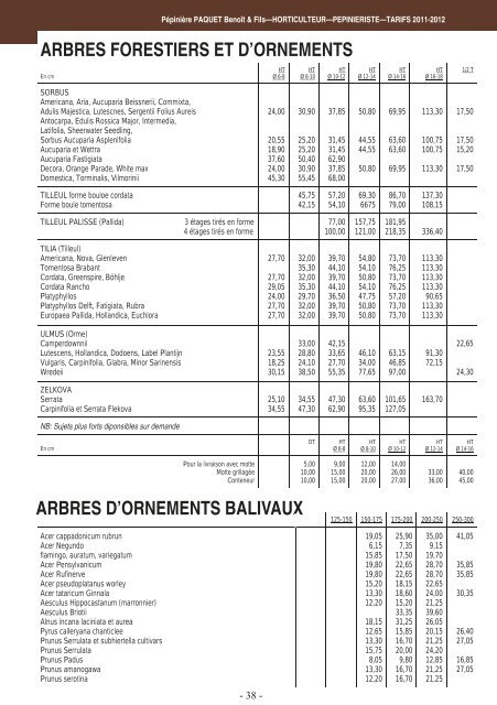 tarifs 2011-2012 - Bienvenue sur le site de la Pépinière Paquet & Fils