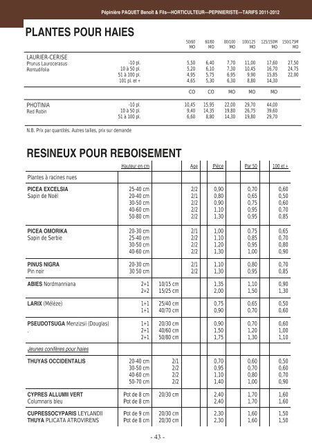 tarifs 2011-2012 - Bienvenue sur le site de la Pépinière Paquet & Fils