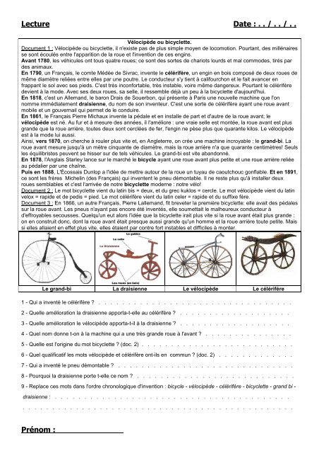 Vélocipède ou bicyclette - Mon cartable du net