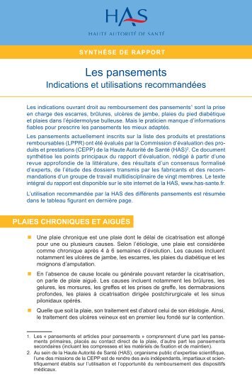 Recommandations pour l'usage des différents pansements