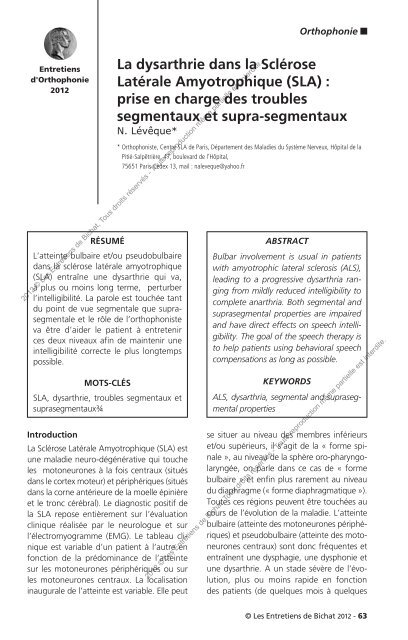 la dysarthrie dans la sclérose latérale Amyotrophique (slA ...