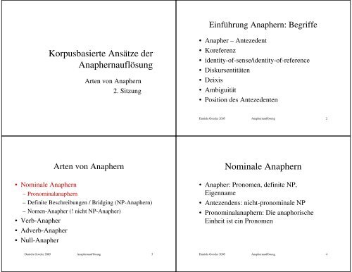 Korpusbasierte Ansätze der Anaphernauflösung Nominale Anaphern