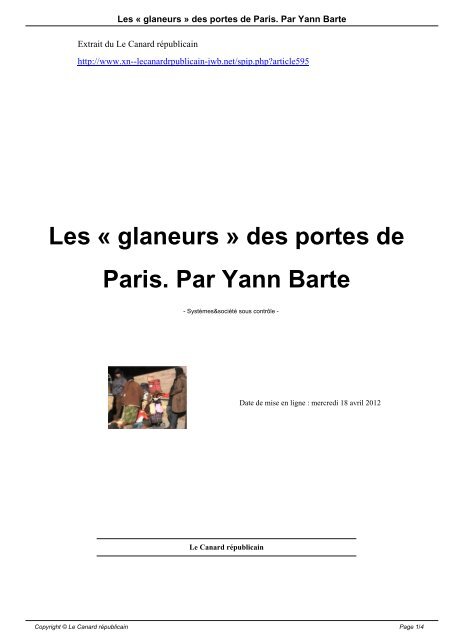 Les « glaneurs » des portes de Paris. Par Yann Barte - Le Canard ...