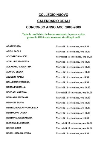 collegio nuovo calendario orali concorso anno acc. 2008-2009