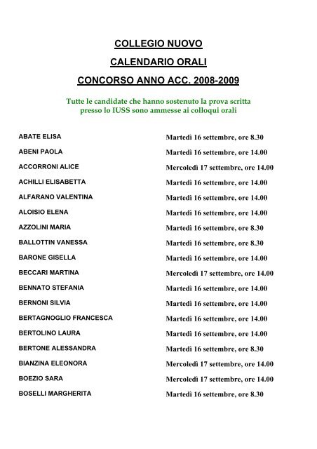 collegio nuovo calendario orali concorso anno acc. 2008-2009