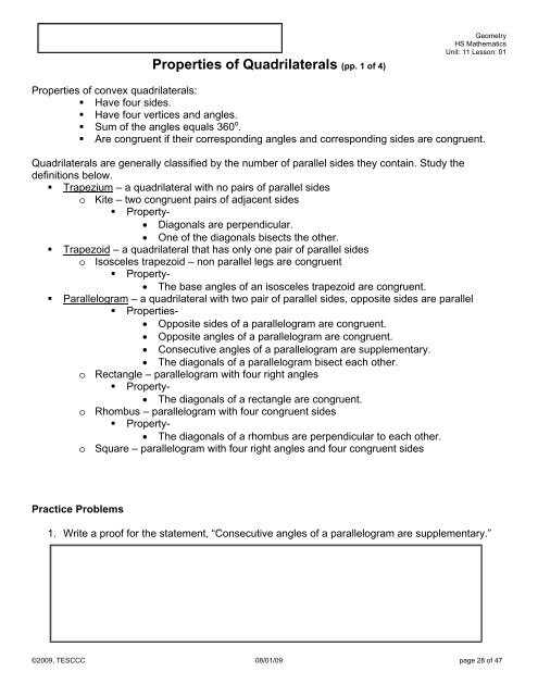 Properties of Quadrilaterals (pp. 1 of 4)