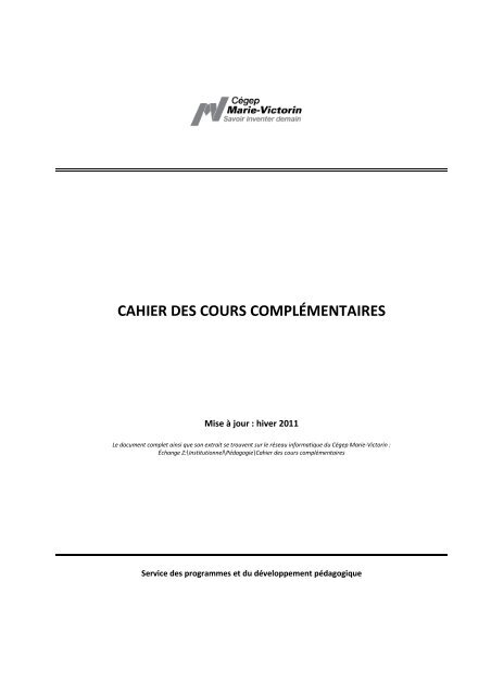 Cahier Des Cours Complementaires Cegep Marie Victorin