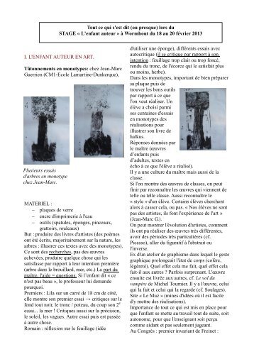 I. L'ENFANT AUTEUR EN ART. Tâtonnements en monotypes ... - Icem