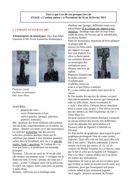 I. L'ENFANT AUTEUR EN ART. Tâtonnements en monotypes ... - Icem